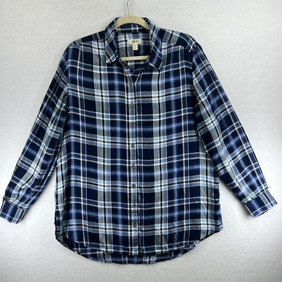 Style & Co Tunic Shirt Women’s Sz M Blue Plaid Rayon Soft Button Front Loose Fit - Picture 1 of 13
